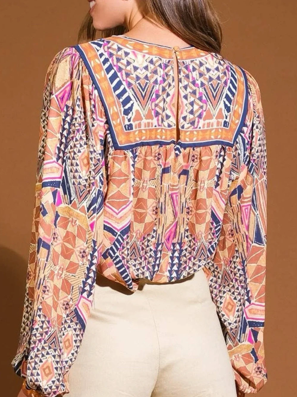 Flying tomato Printed Puff-Sleeve Boho Blouse in Orange & Pink size large - Picture 5 of 14